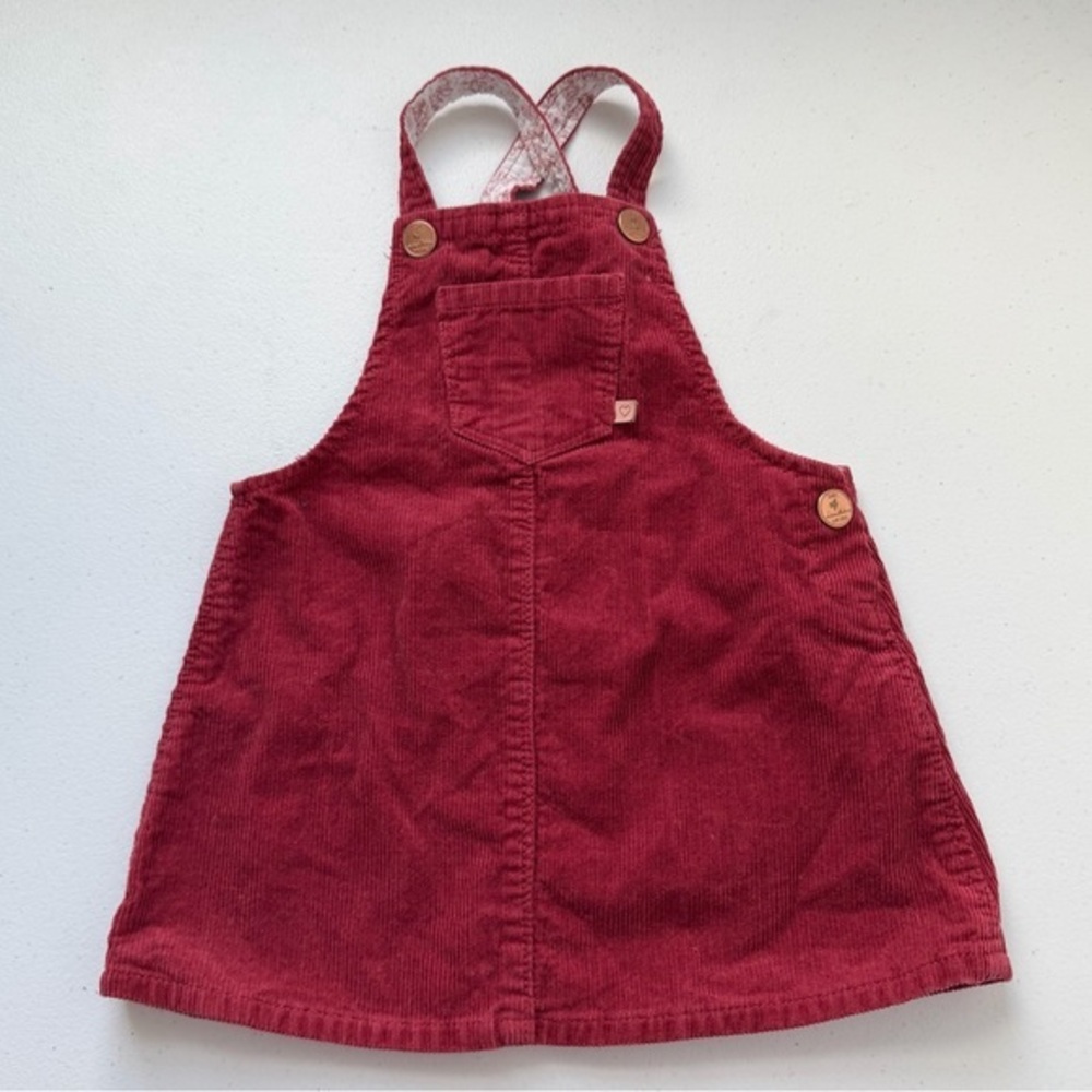 Zara BabyGirl Red Corduroy Jumper Dress w/Heart‎ Tag Adjustable Straps 2/3Y EUC